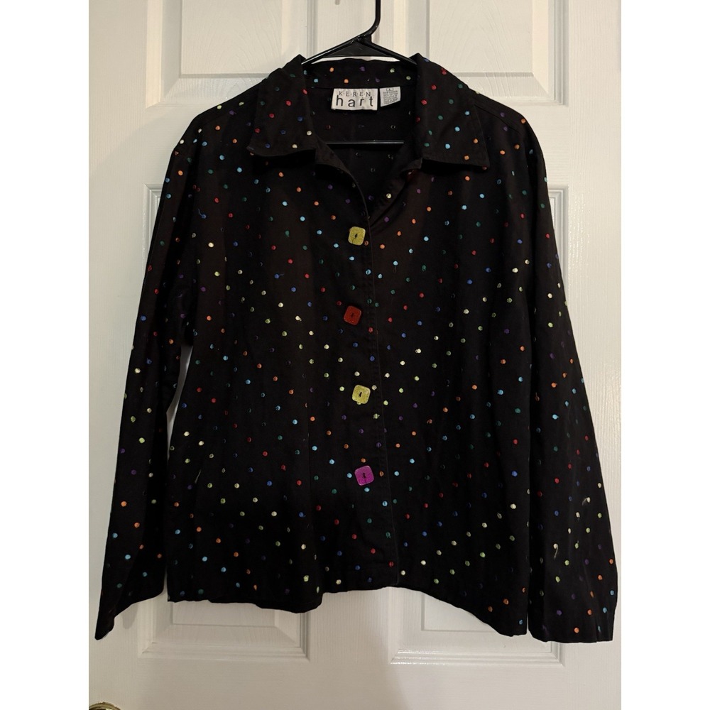 Keren Hart Shirt Jacket L Vintage Black Embroidered Multi Color Dots Long Sleeve